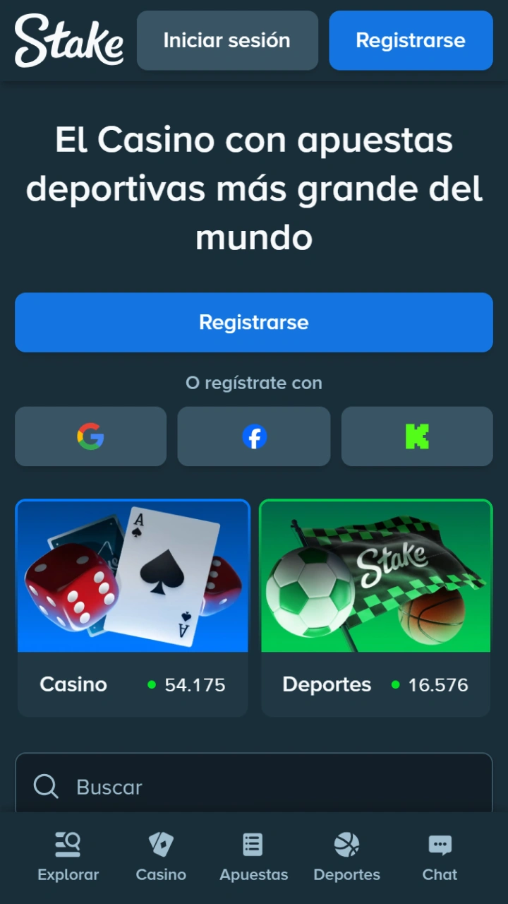 La página principal de Stake muestra miles de apuestas de casino y deportivas.