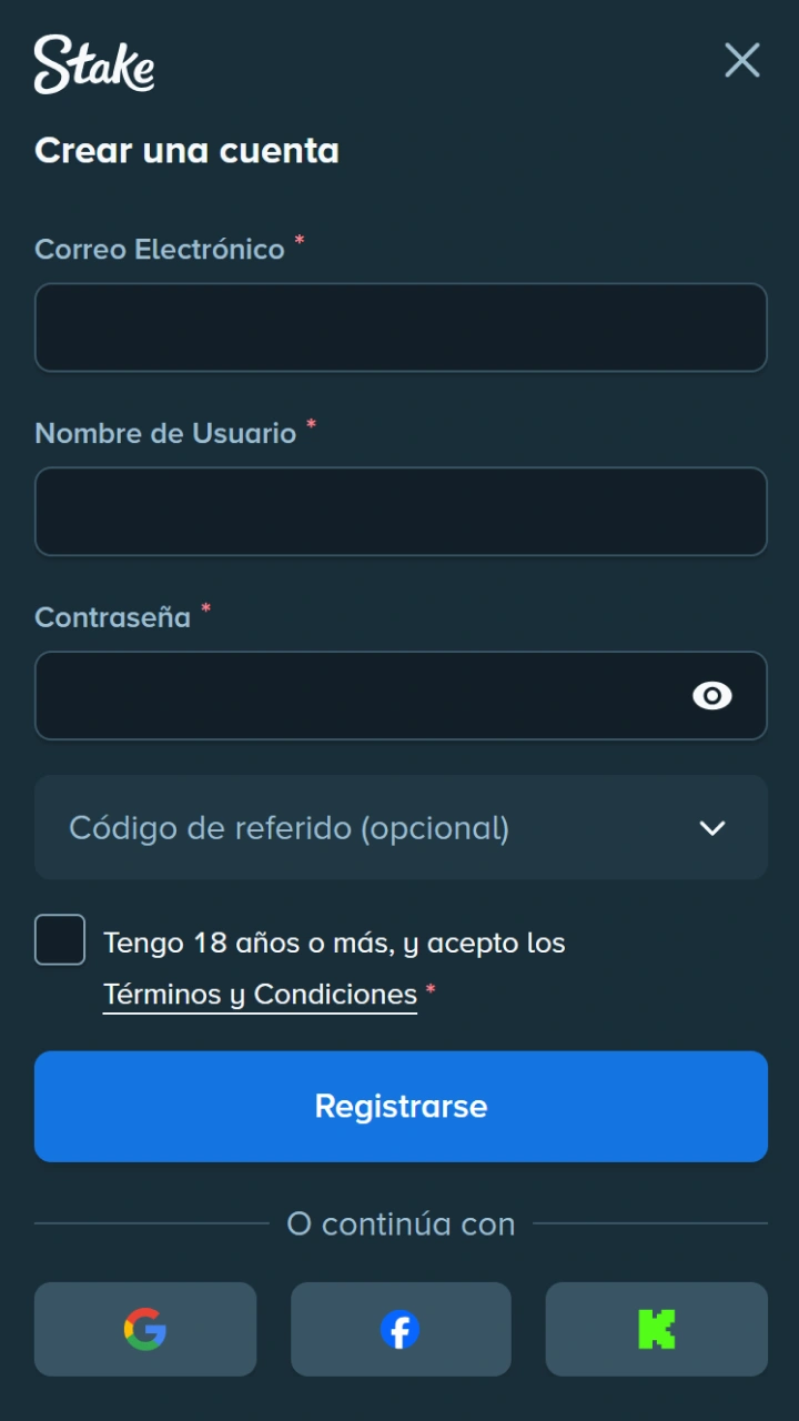 Formulario de registro rápido y seguro en Stake para empezar a jugar al instante.