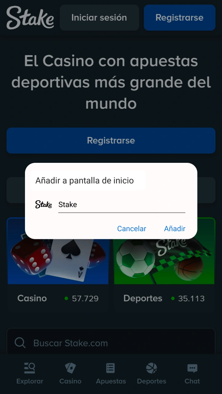 Añade fácilmente un acceso directo a Stake a tu pantalla de inicio.