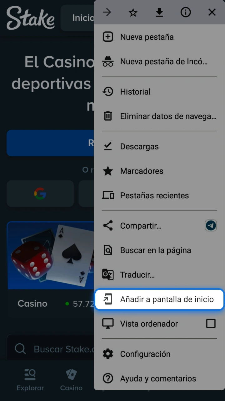 Abre el menú de tu navegador para añadir la aplicación Stake a tu dispositivo móvil.