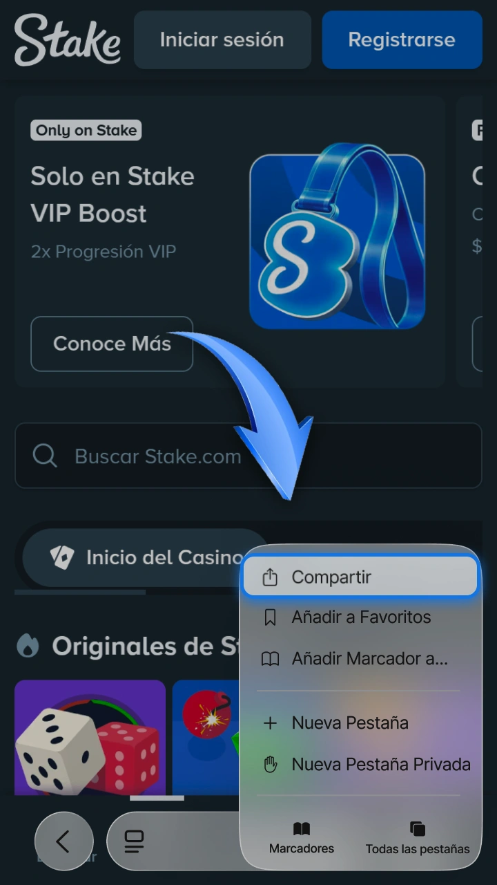 Utilice la función de compartir para agregar el acceso directo a Stake.