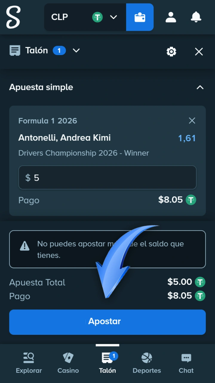 Confirma tu apuesta de Fórmula 1 en la página web de Stake.