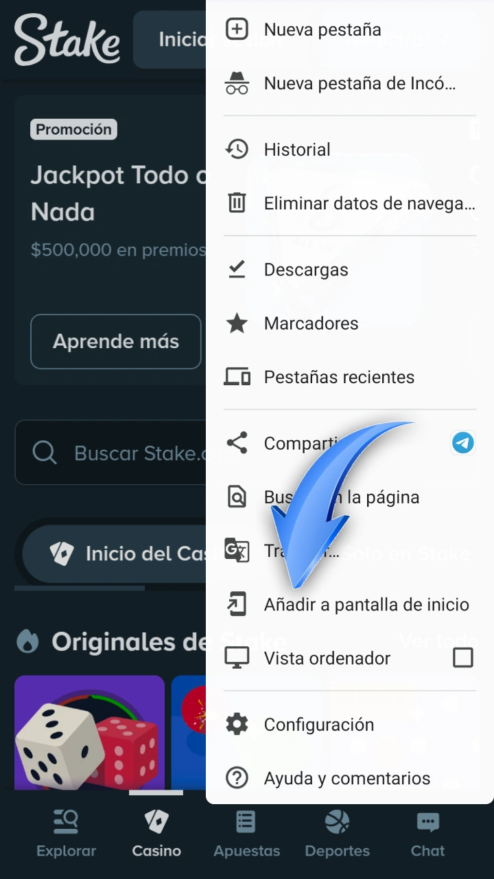 Agrega un acceso directo a Stake a la pantalla de inicio de tus dispositivos Android.