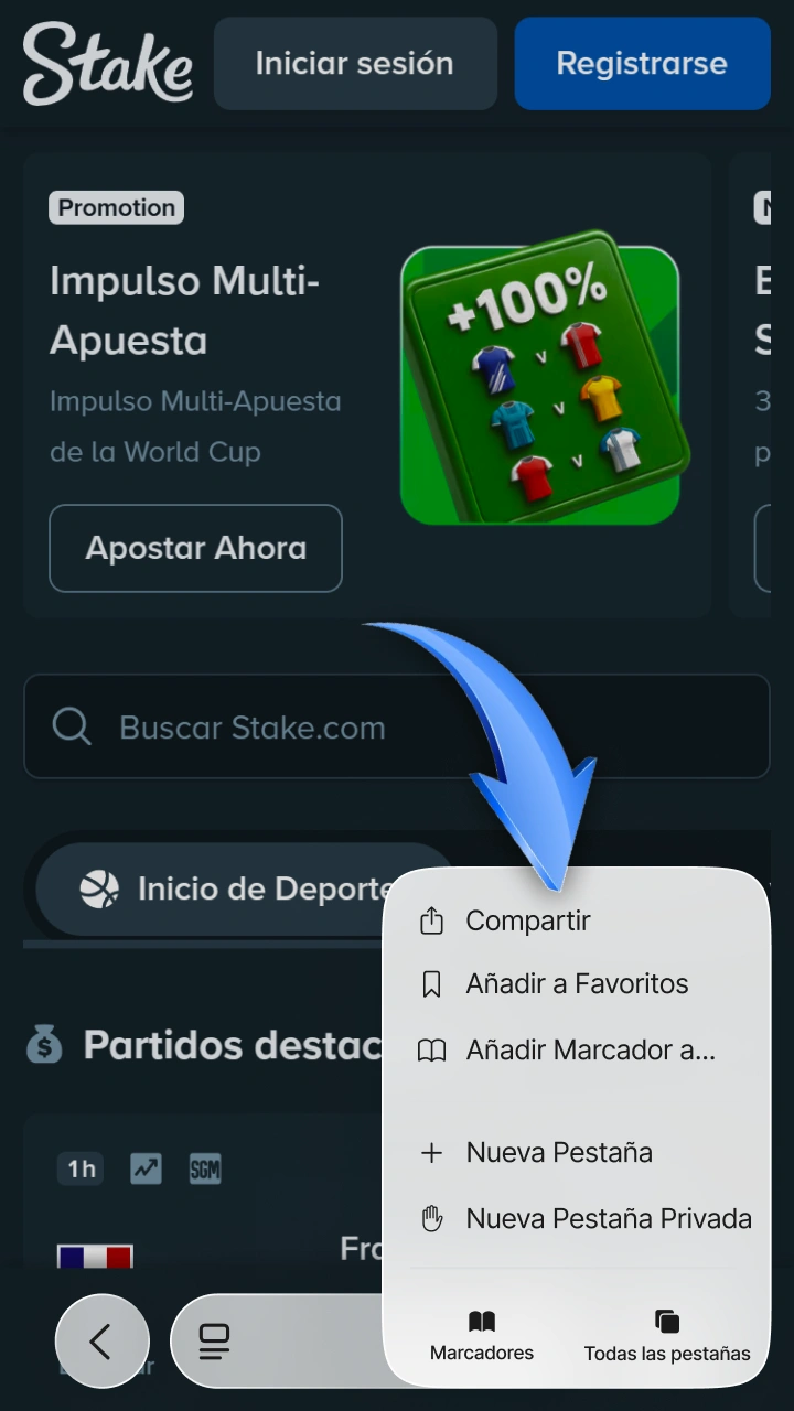 Haz clic en Compartir para añadir la aplicación Stake a iOS.
