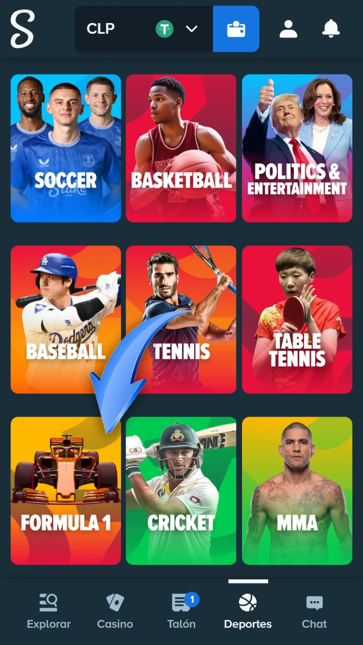 Elige la categoría de Fórmula 1 entre la amplia gama de deportes que ofrece Stake.