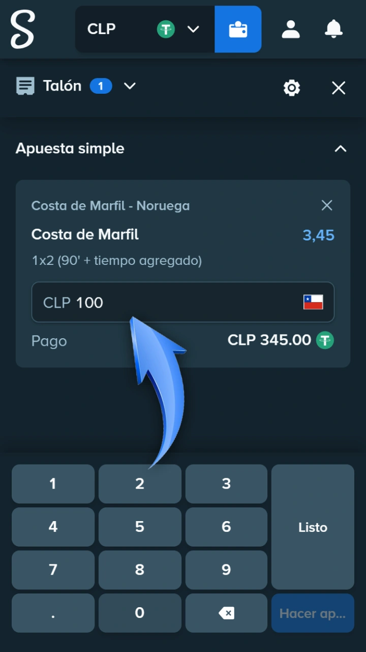 Introduce el importe de tu apuesta en la plataforma Stake.