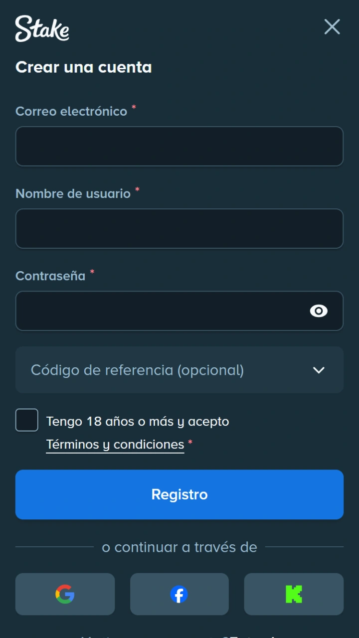 Simplemente complete sus datos personales para abrir una cuenta en Stake Casino.