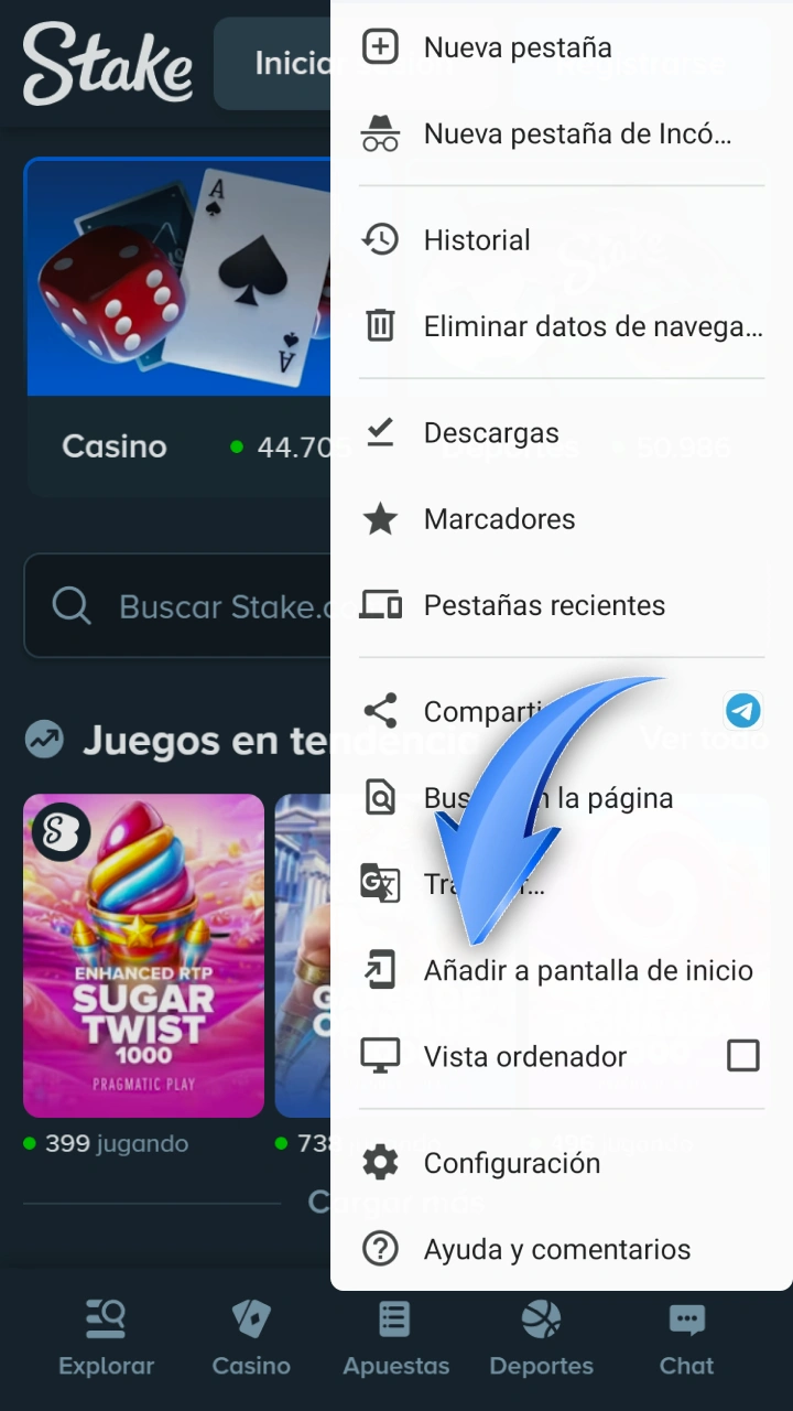 Añade la plataforma móvil de Stake a la pantalla de inicio de tus dispositivos Android.