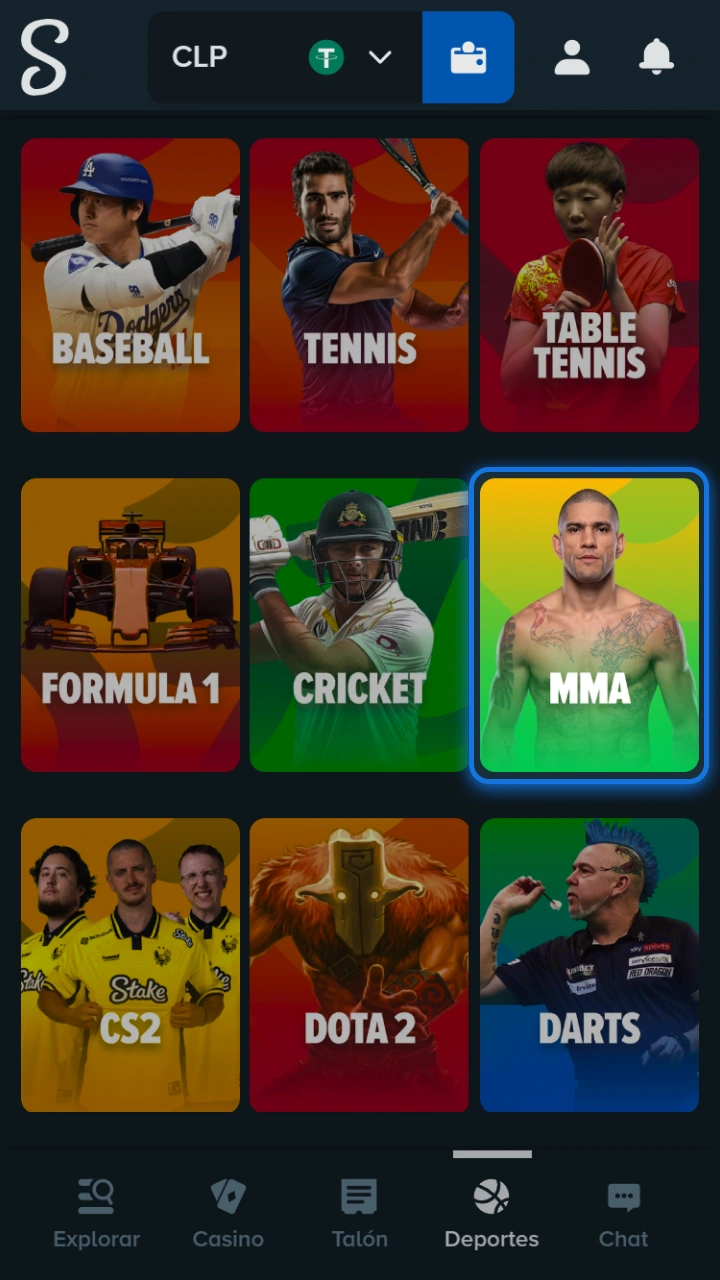 Elige una categoría de MMA emocionante del extenso catálogo deportivo de Stake.