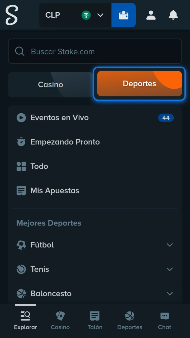 Explora el menú deportivo moderno de Stake para encontrar transmisiones de eventos en vivo.