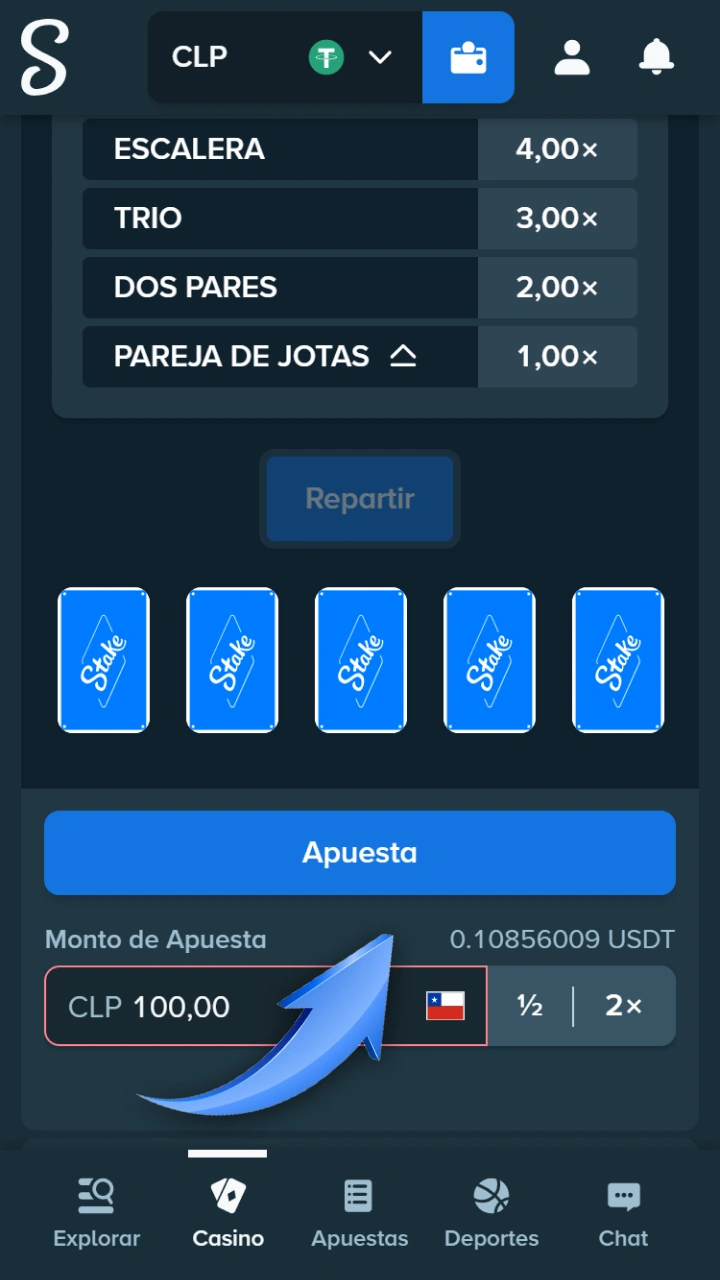 Puedes ajustar el importe de tu apuesta de póker en la página web de Stake.