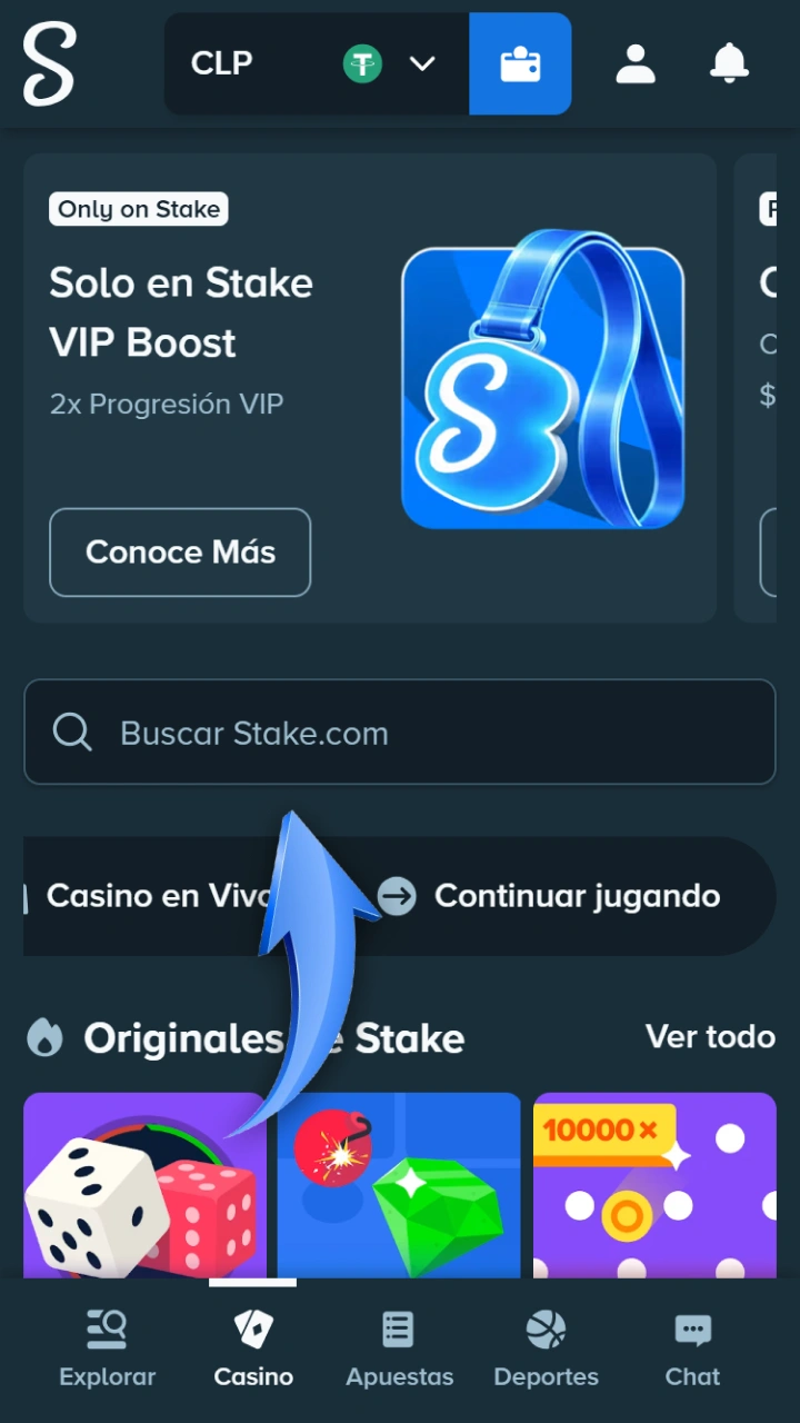 Utilice la barra de búsqueda para encontrar mesas de póker en Stake Casino.