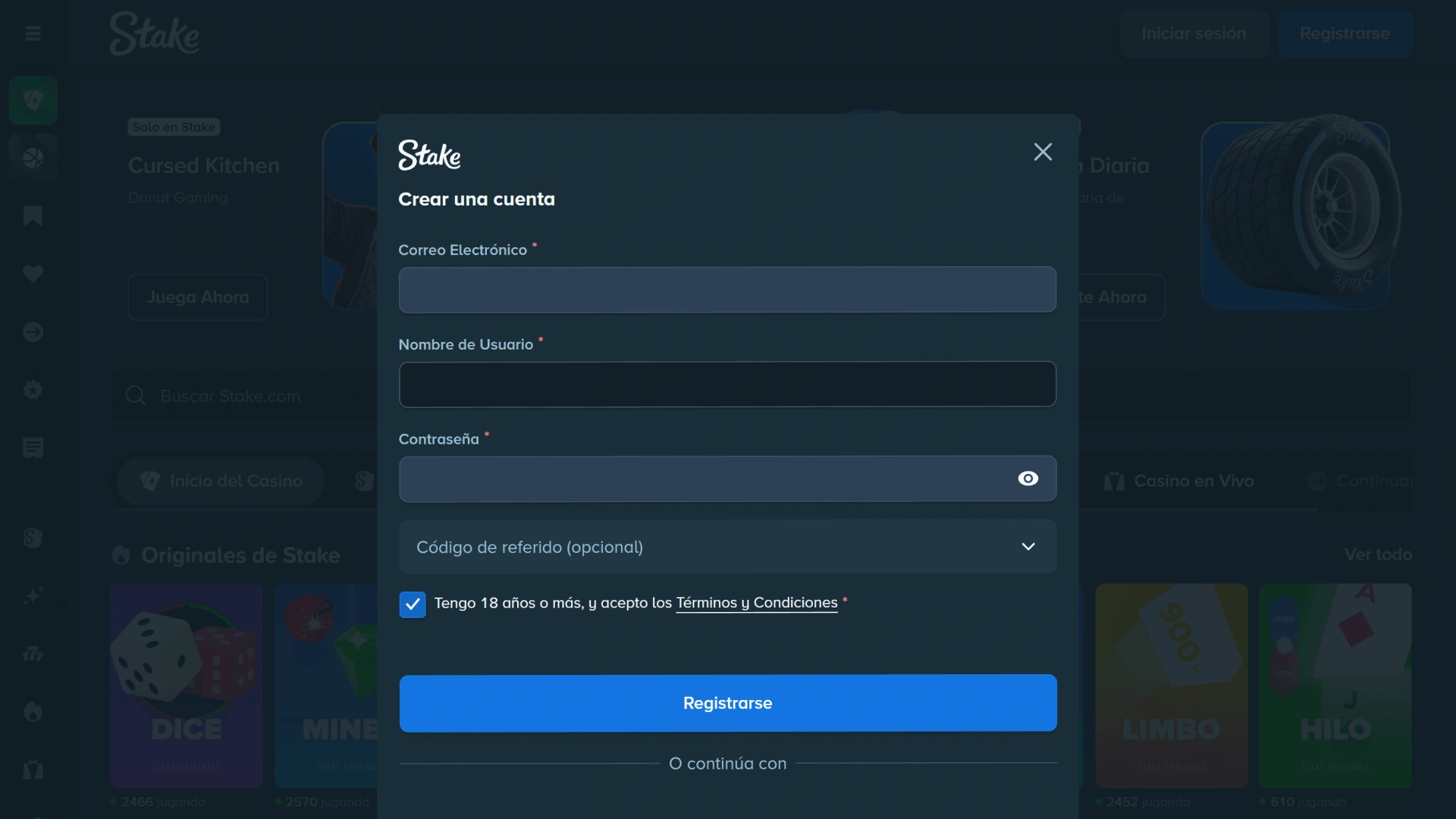 En Stake, una ventana emergente te permitirá registrarte en un par de clics.