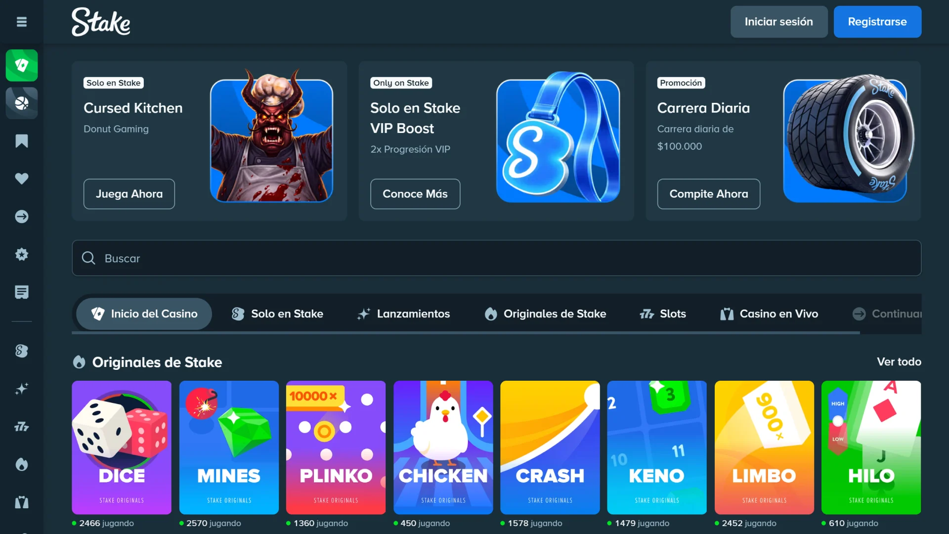 La sección de casino del sitio web de Stake presenta las tragamonedas más populares.