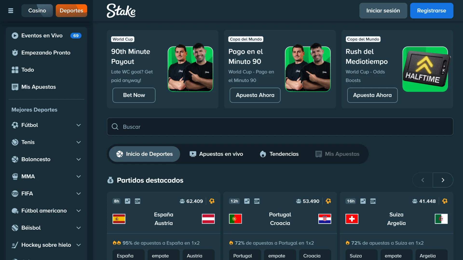 La sección de deportes del sitio web de Stake está diseñada para facilitar las apuestas.